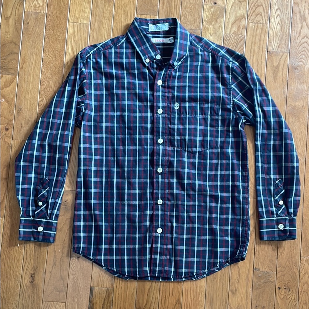 Izod Casual Button Down Shirt dark gray with red and white Size M (10/12)